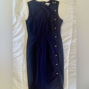 Calvin Klein Navy Blue Gold Button Accent Sheath Dress NWOT